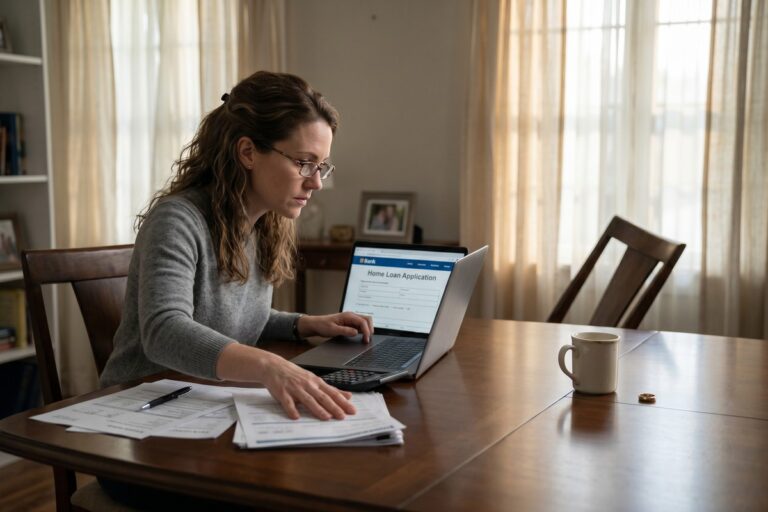 Person reviewing short-term loan application documents during a divorce with split finances on a desk