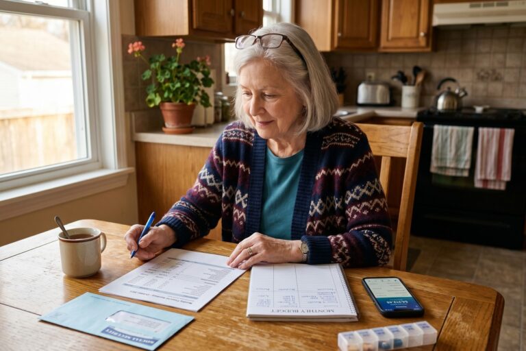 Senior couple reviewing short-term loan options on a fixed income budget at home