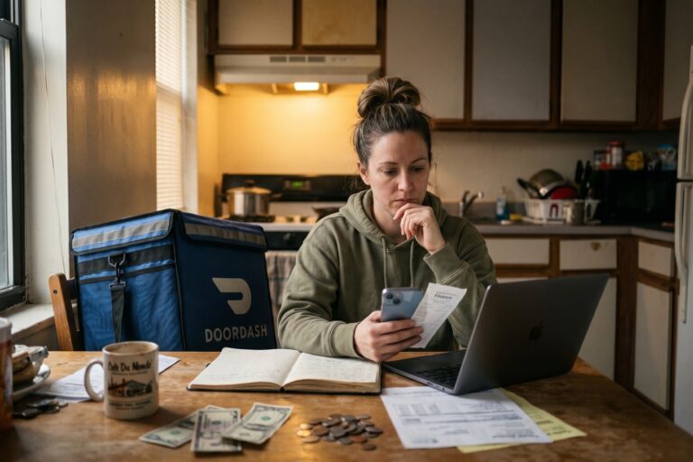 Gig worker reviewing short-term loan options on a laptop