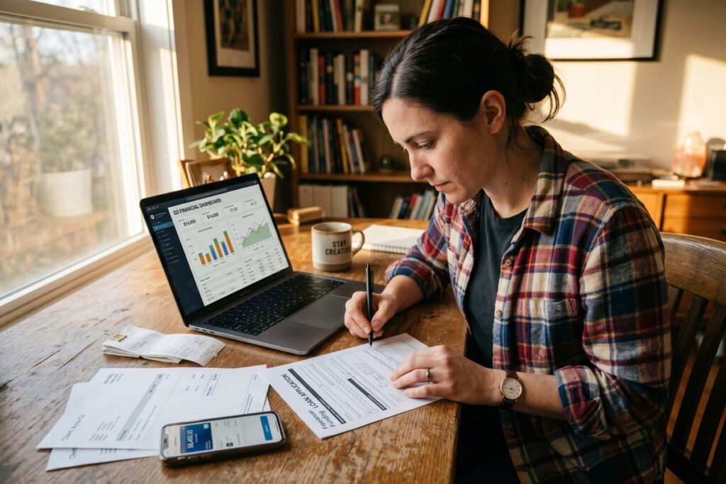 Freelancer reviewing short-term loan options on laptop with financial documents showing irregular income