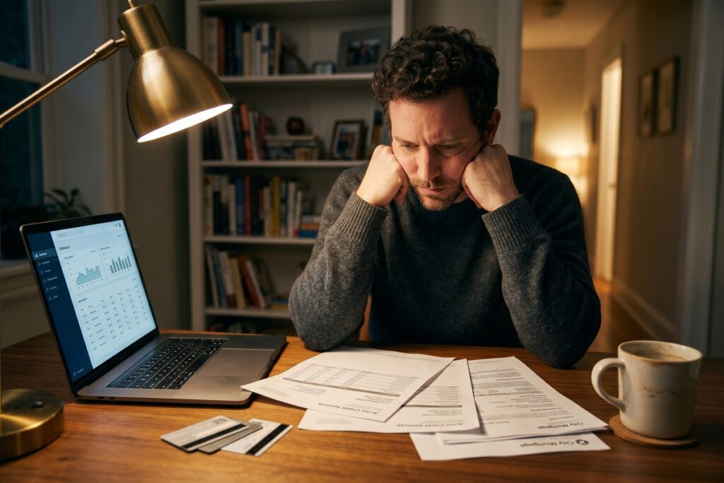 A person reviewing multiple loan statements and a debt-to-income ratio calculation on a desk