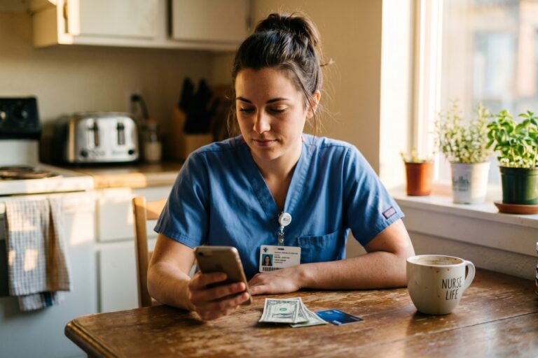 Nurse reviewing short-term loan options on a laptop between paychecks