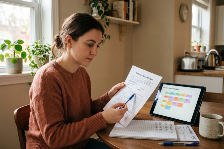 Part-time worker reviewing loan documents and pay stubs at a desk