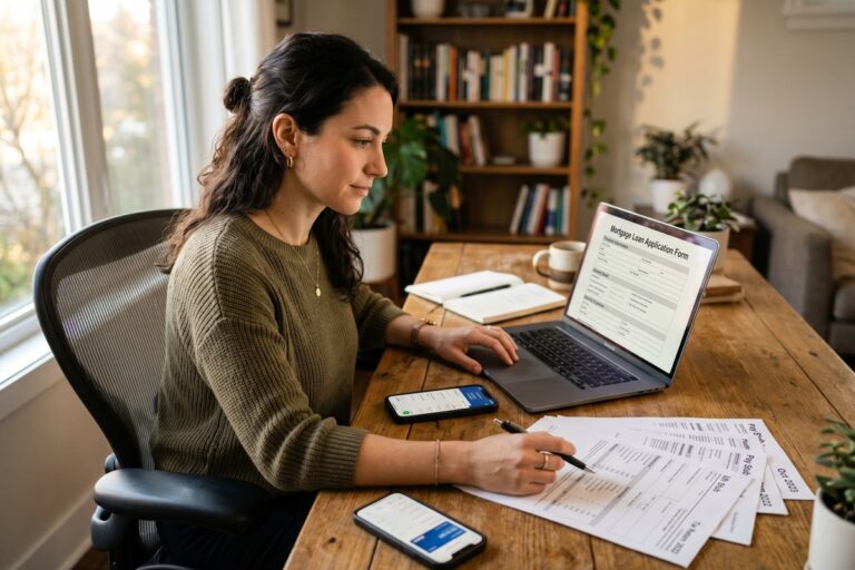 Remote worker reviewing short-term loan options on laptop at home office desk