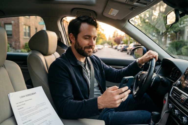 Uber and Lyft driver reviewing short-term loan options on smartphone inside vehicle