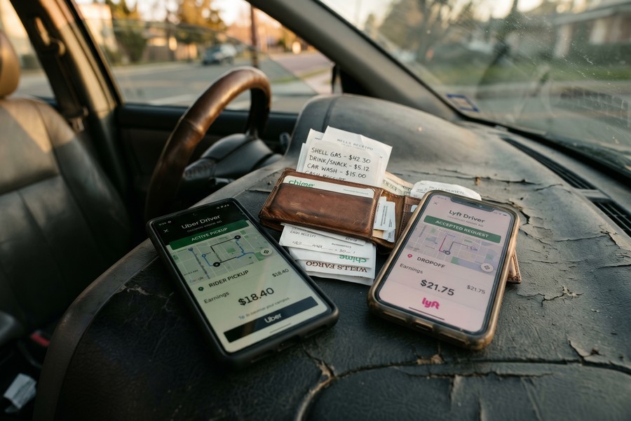 Rideshare driver reviewing loan documents and bank statements on a laptop