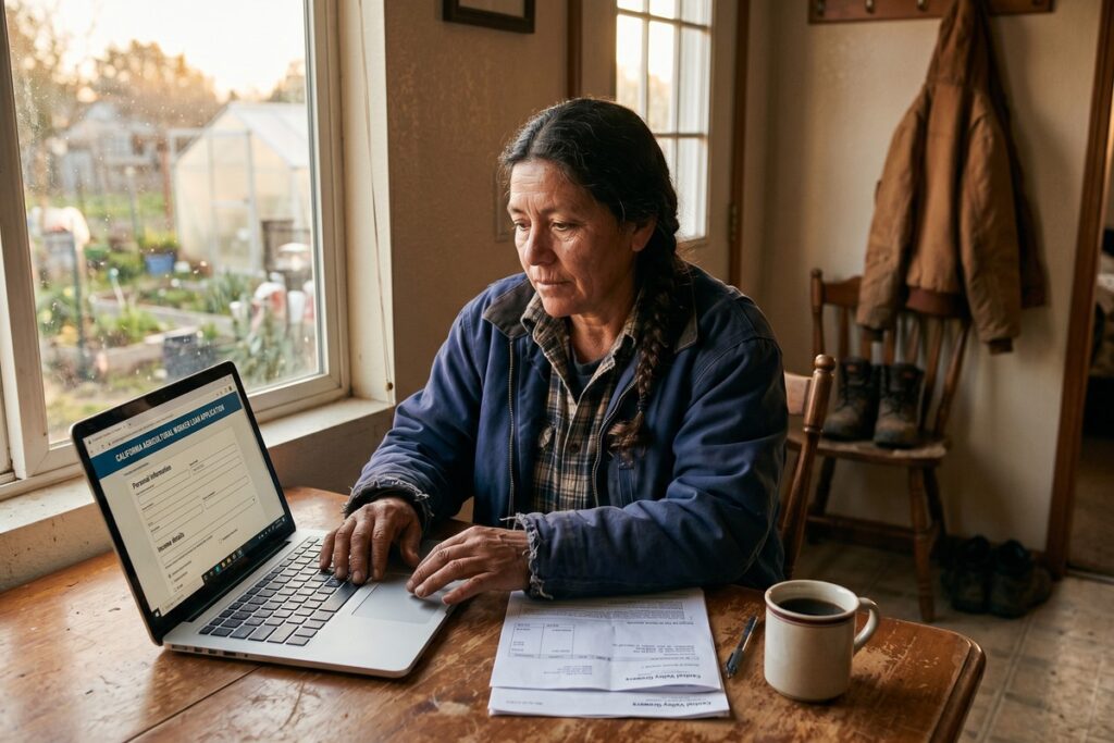 Seasonal worker reviewing loan documents at a kitchen table during the off-season