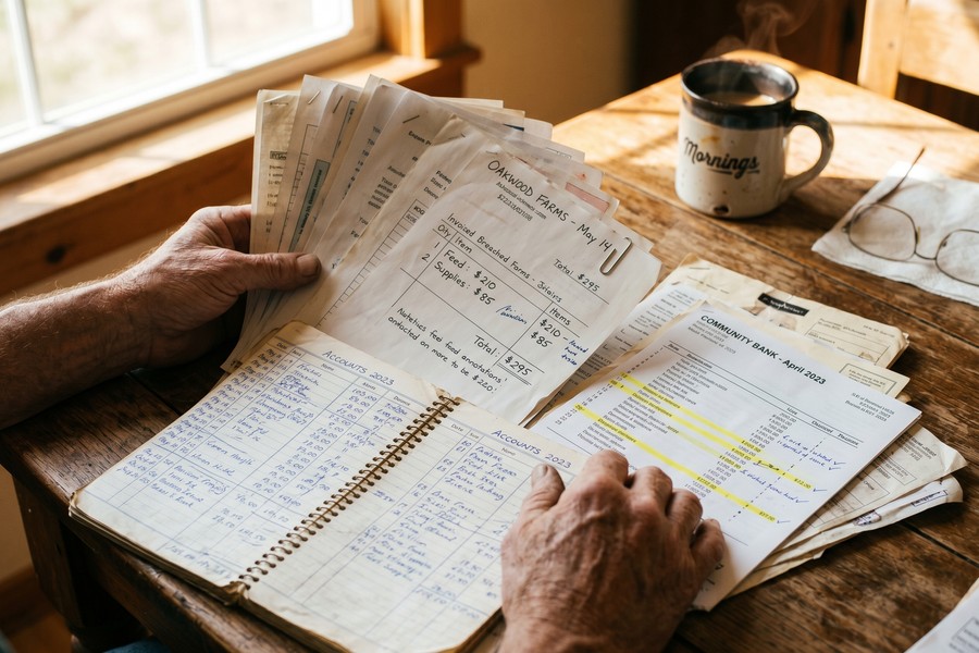 Organized folder of tax returns, W-2 forms, and bank statements for loan application
