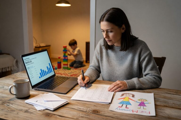 Single parent reviewing short-term loan options on a laptop at home