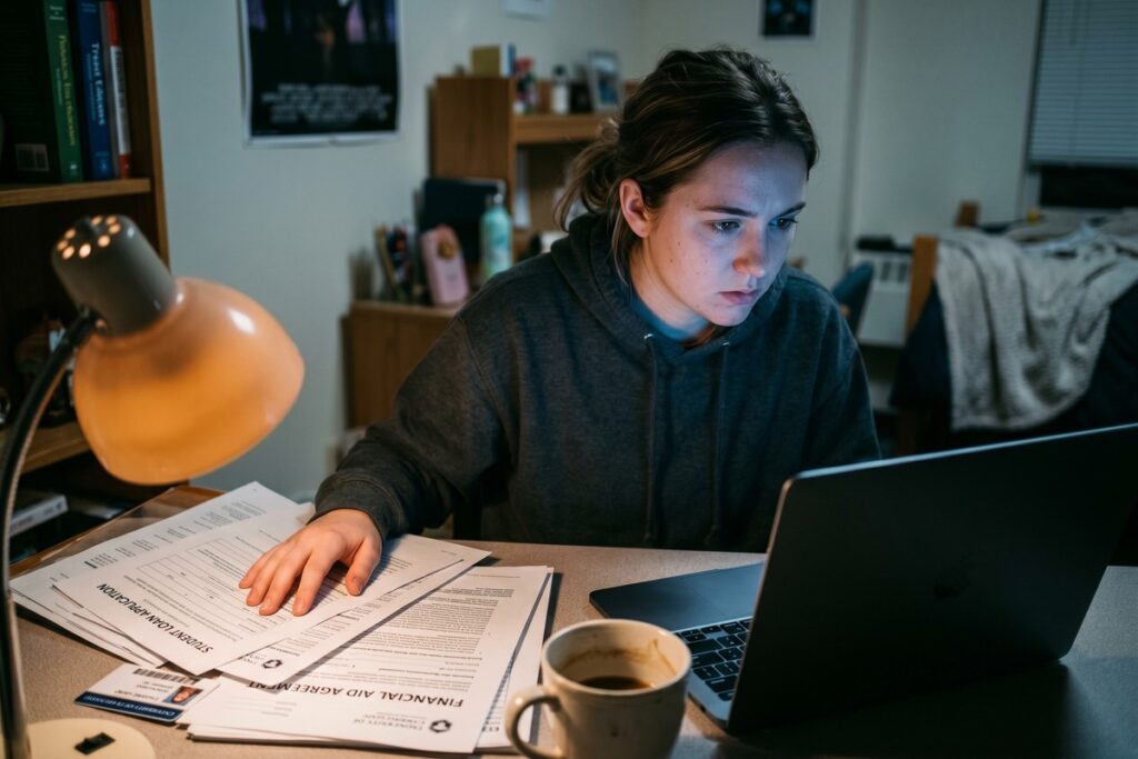 College student reviewing short-term loan documents on campus