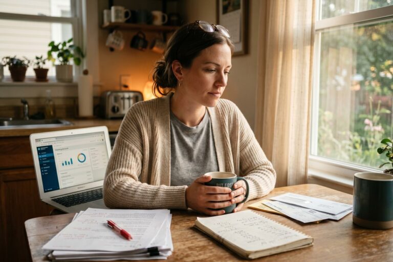 Teacher reviewing short-term loan options on a laptop during summer break