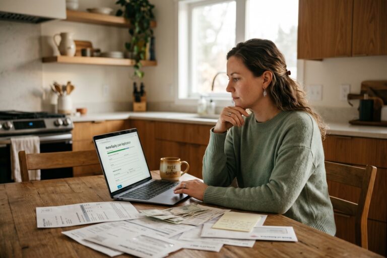 A couple reviews household bills and loan options at a kitchen table after one partner loses their job