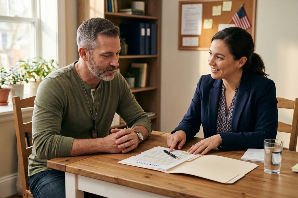 Veteran reviewing short-term loan options on a laptop at home