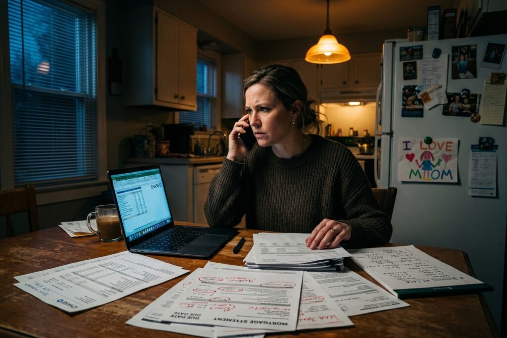 Single mother reviewing loan scam documents at her kitchen table while seeking loan scam recovery help
