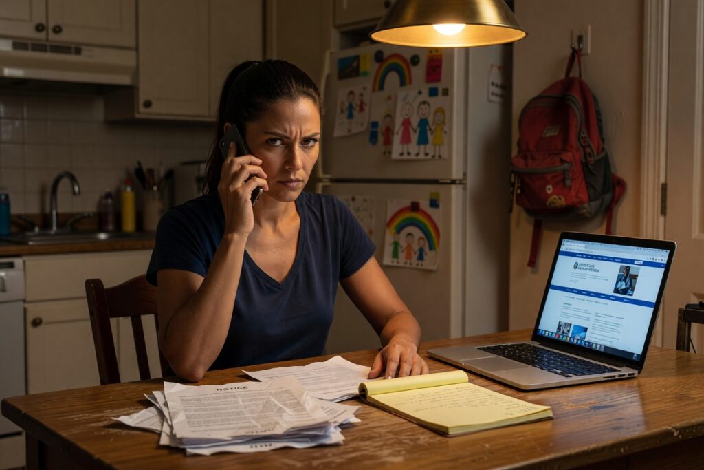 Single mother reviewing documents to fight back against an illegal debt collector