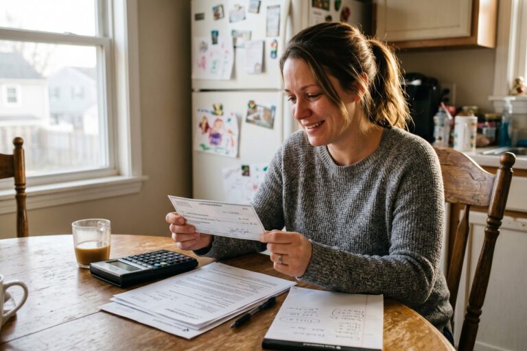 Single mother reviewing predatory lending protections documents at kitchen table