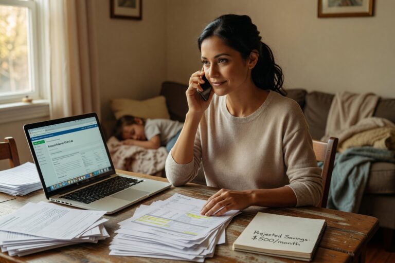 Single mother reviewing bank statement and successfully disputing unlawful overdraft fees for a full refund