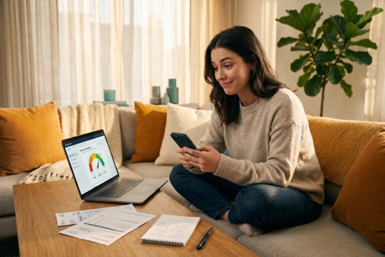 Person reviewing credit score on a laptop next to phone and streaming service bills on a desk