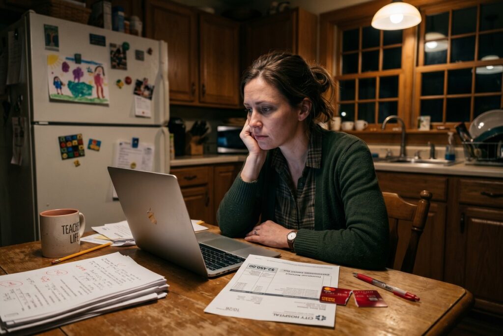 Teacher reviewing emergency funding options with a frozen credit score and no savings