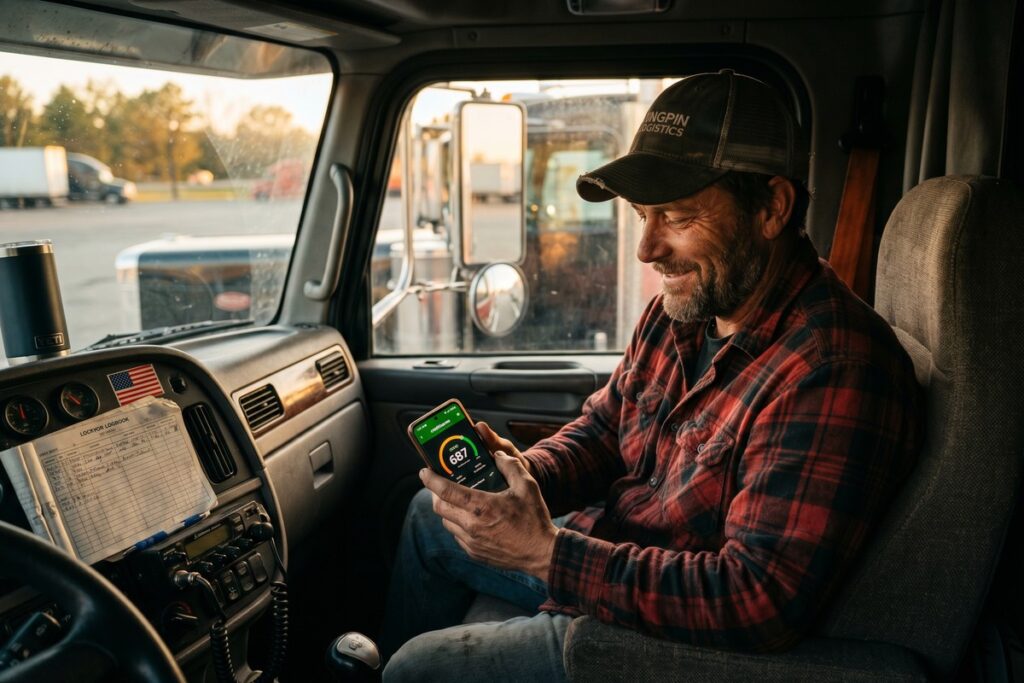 Truck driver reviewing credit score report on a tablet inside a semi-truck cab