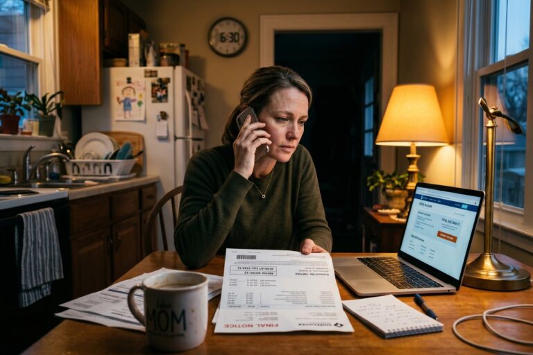 Person reviewing utility bills at kitchen table seeking utility shutoff emergency help
