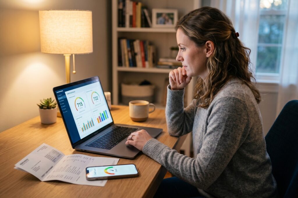 Side-by-side comparison of VantageScore and FICO credit score models on a financial dashboard