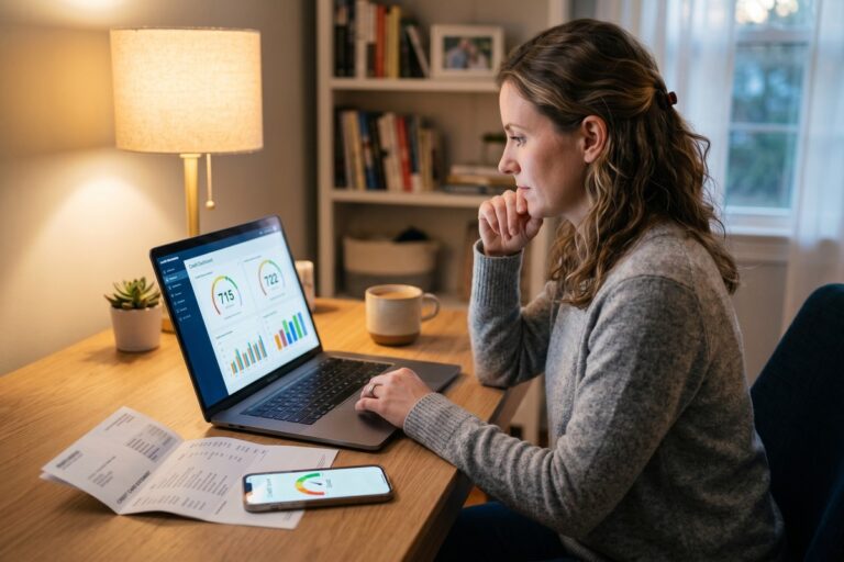 Side-by-side comparison of VantageScore and FICO credit score models on a financial dashboard