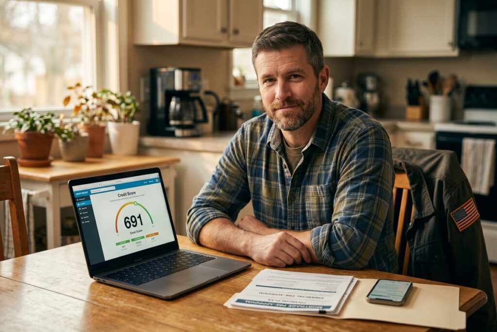 Veteran reviewing credit report and using a VA-backed credit building strategy to reach a 680 credit score