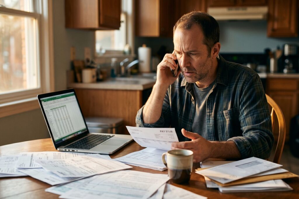 A person reviewing a wage garnishment court summons at a desk with financial documents
