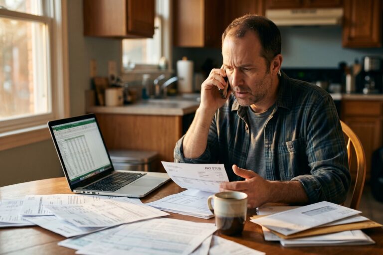 A person reviewing a wage garnishment court summons at a desk with financial documents