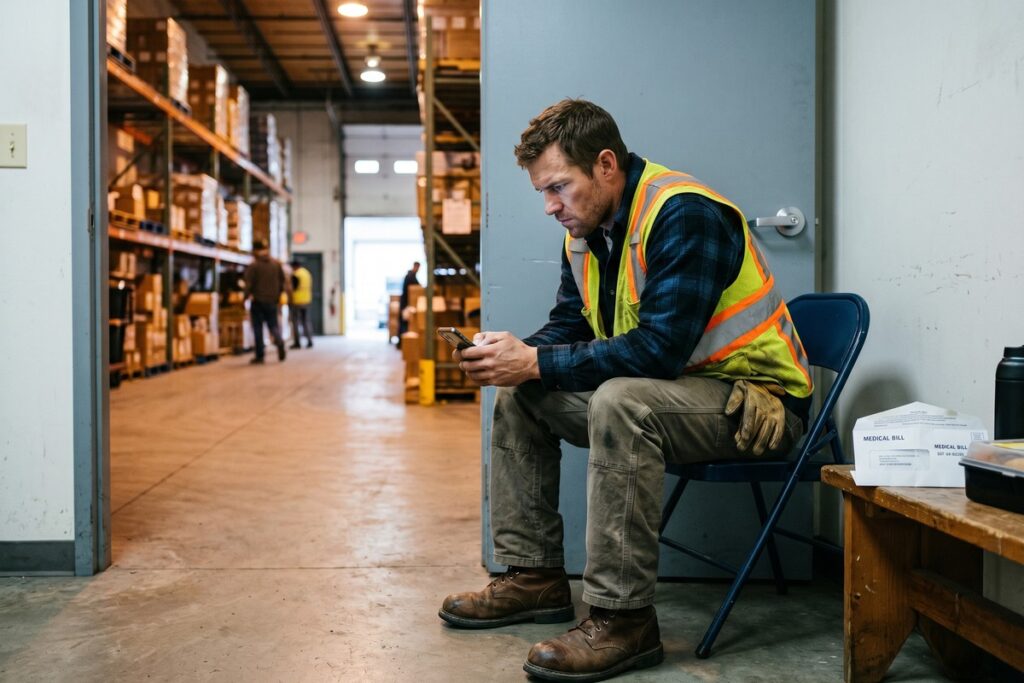 Warehouse worker reviewing emergency cash options with no credit history on a tablet during a shift break