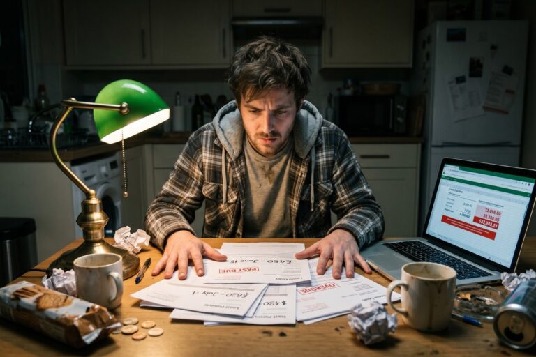 A hand signing a payday loan agreement with a calculator and stack of bills showing mounting rollover fees