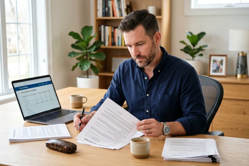 Borrower reviewing loan disclosure requirements document before signing agreement