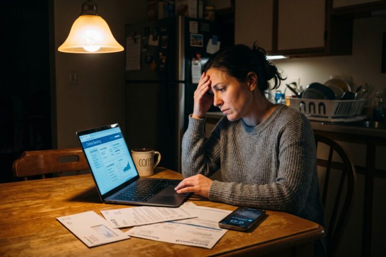 Person reviewing loan terms on a laptop at a kitchen table during a financial emergency