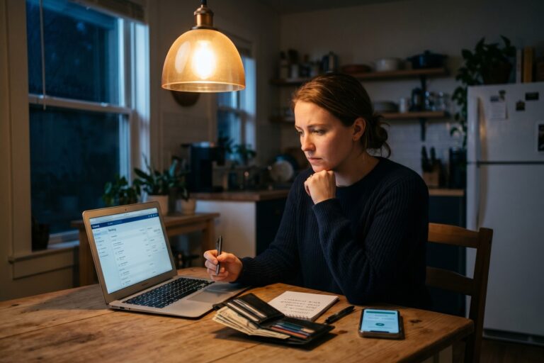 Person reviewing cash advance options on laptop with calculator and bills on desk