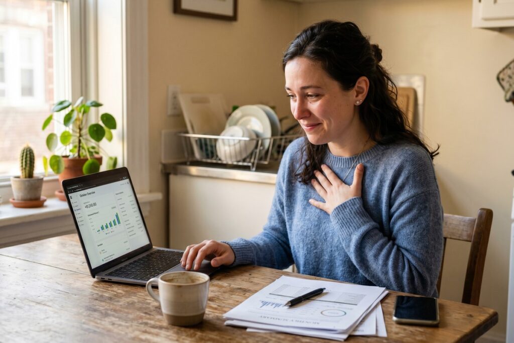 Person researching zero interest emergency funding options on a laptop at a desk