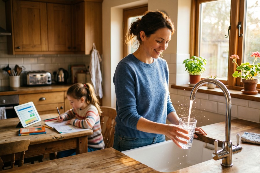 A family reviewing utility assistance program documents at a kitchen table