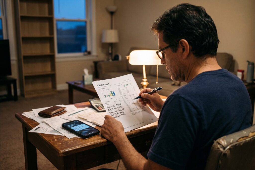 Rideshare driver reviewing credit building strategy on phone during break