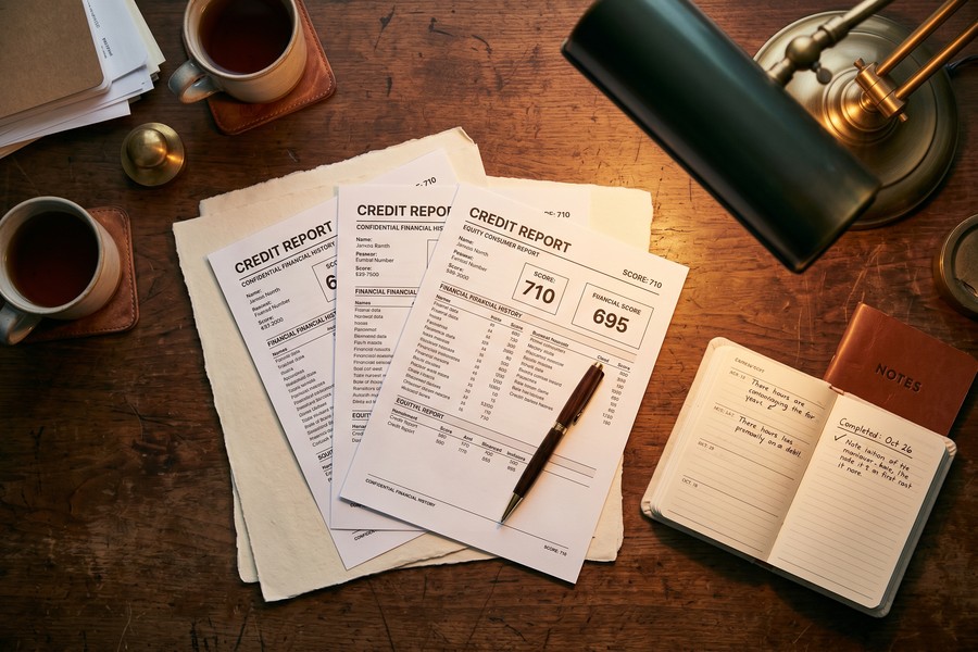 Person reviewing credit report on laptop with score graph showing upward recovery trend