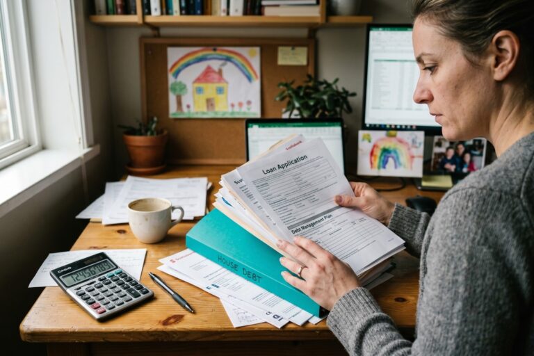 Single mother reviewing financial documents and loan options at home