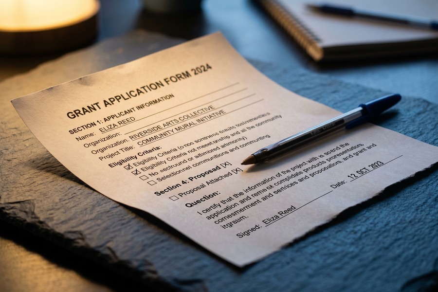 Single mother completing an online grant application at a kitchen table with documents beside her