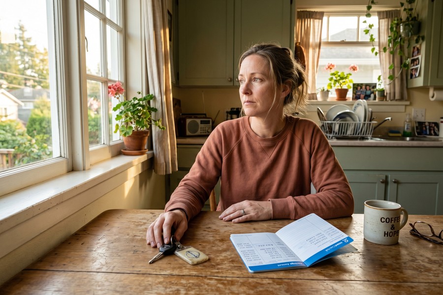 Single mother reviewing loan documents and bank statements at a kitchen table