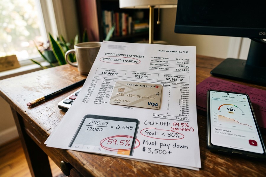 Gig worker reviewing bank statements and 1099 forms on a laptop at a kitchen table