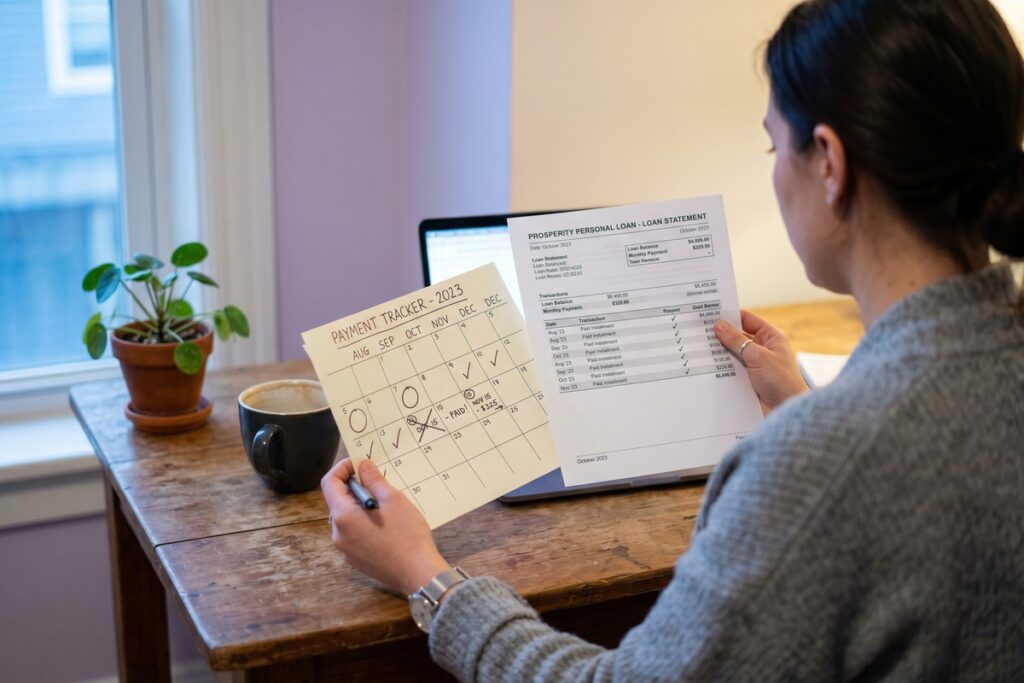 Gig worker reviewing loan repayment plan on phone with calendar and income tracking