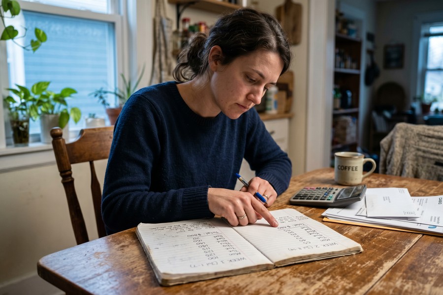 Gig worker reviewing weekly earnings dashboard on laptop with loan repayment calendar beside it