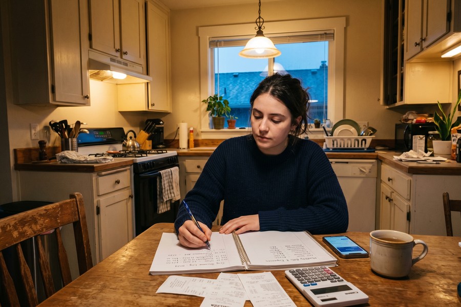 Gig worker depositing money into savings jar labeled "emergency fund" after loan payoff