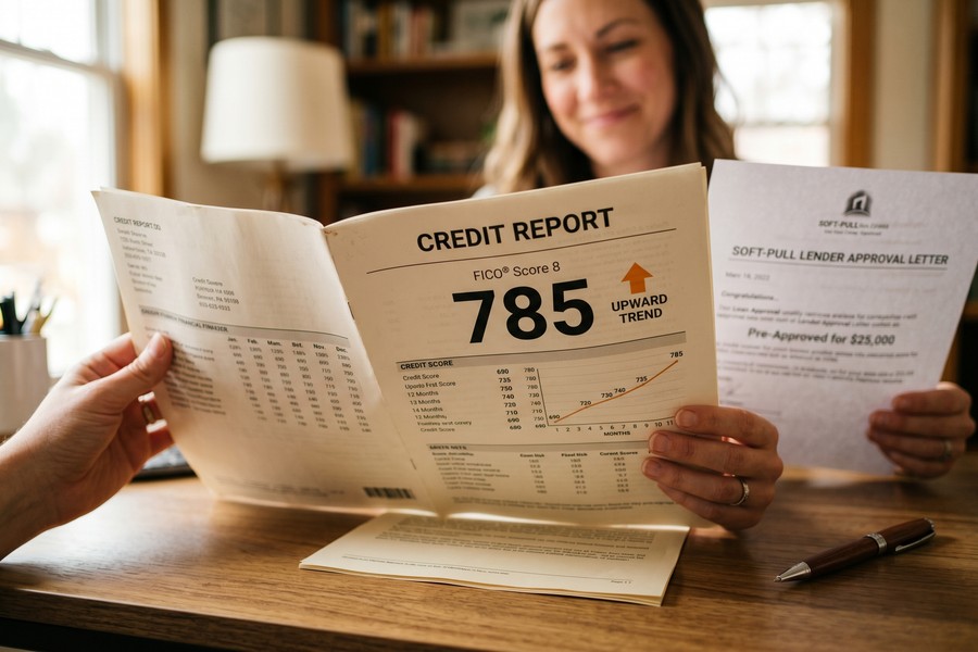 Flowchart showing borrower decision path from credit score assessment to choosing soft-pull or no-check lender