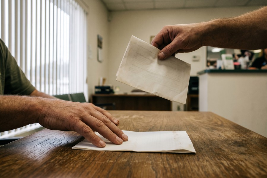 Borrower reviewing payday loan documents and bank statements at a desk