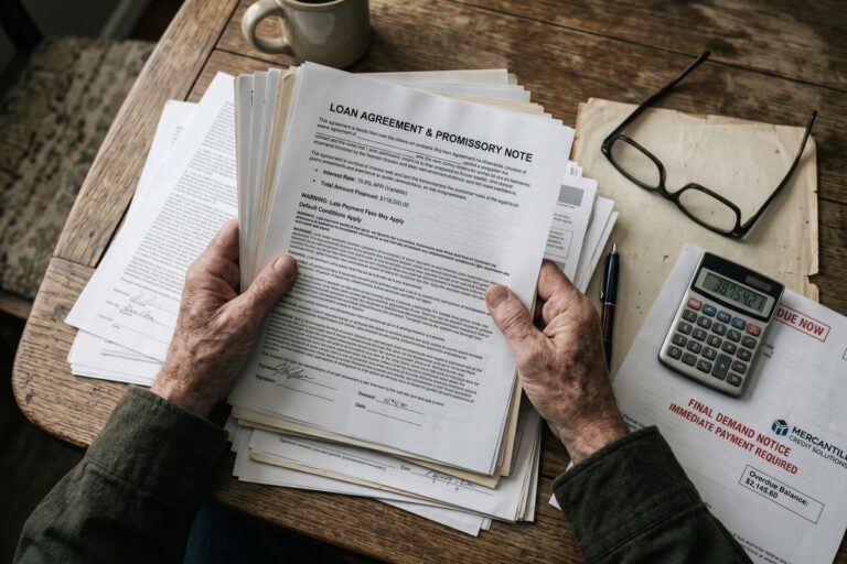 Older woman reviewing loan documents at home with concerned expression