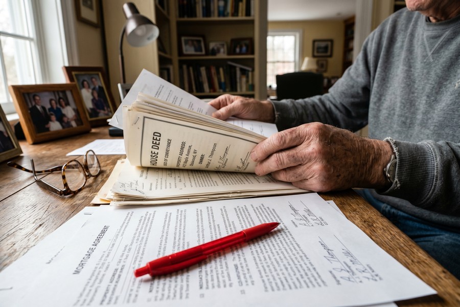 Elderly homeowner reviewing confusing loan documents at kitchen table